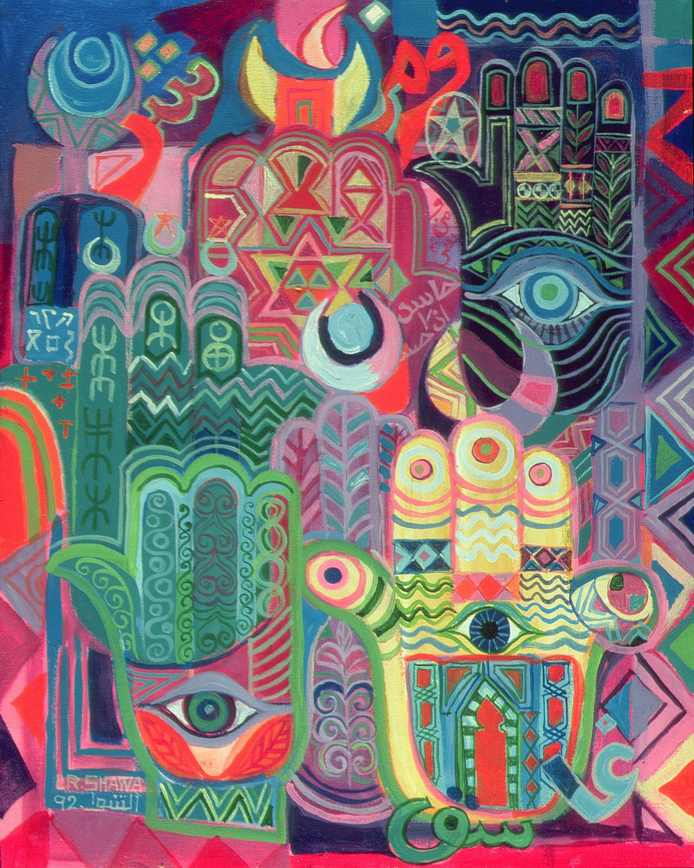 Kädet amuletteina II, 1992 (akryyli kankaalle) tekijältä Laila Shawa