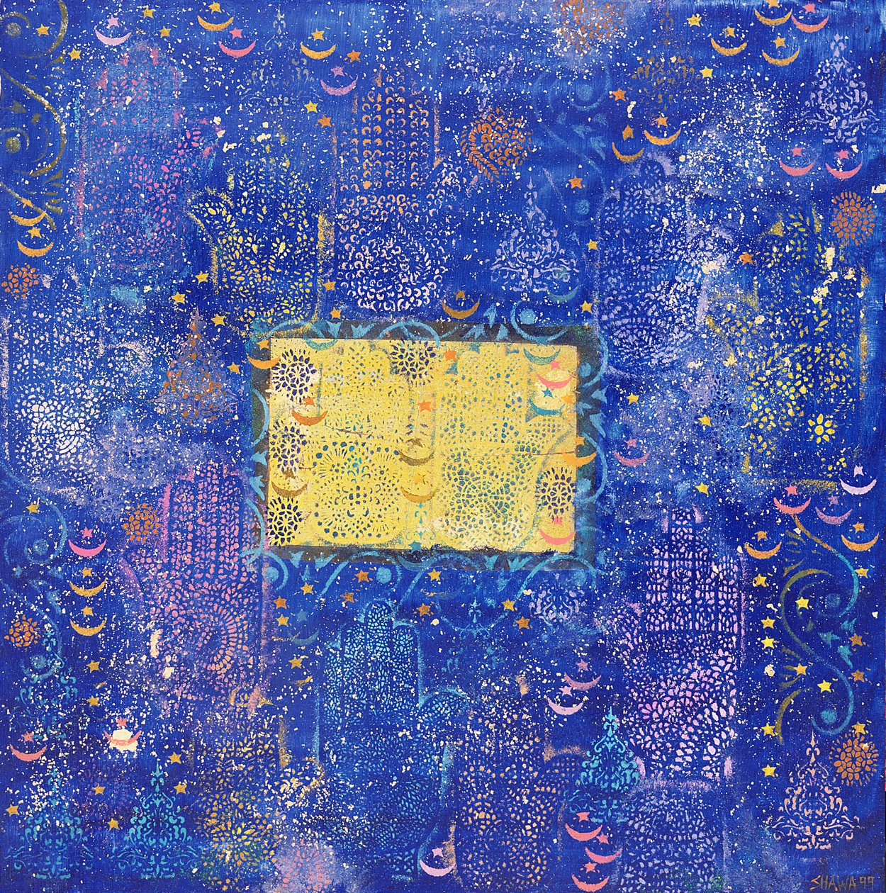 Night of Destiny, 1990 (akryyli ja lehtikulta aluksella) tekijältä Laila Shawa