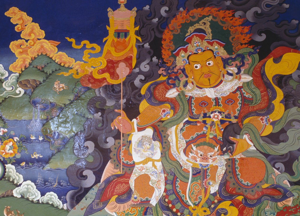 Värikkäitä jumalia kuvaava fresko, Lamayuru buddhalaisluostari (Lamayuru Gompa), Himalaja, Ladakhin alue, Jammun osavaltio ja Kashmir, Intia tekijältä Amadeo (after) Modigliani