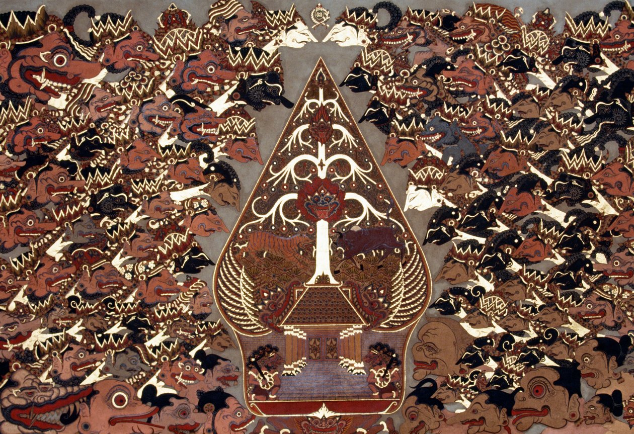 Maalaus Wayang Beber -tyyliin, joka on saanut inspiraationsa Theatre of Shadowsista (wayang kulit), Mangkunegaranin palatsista, Surakartasta, Javasta, Indonesiasta tekijältä Amadeo (after) Modigliani