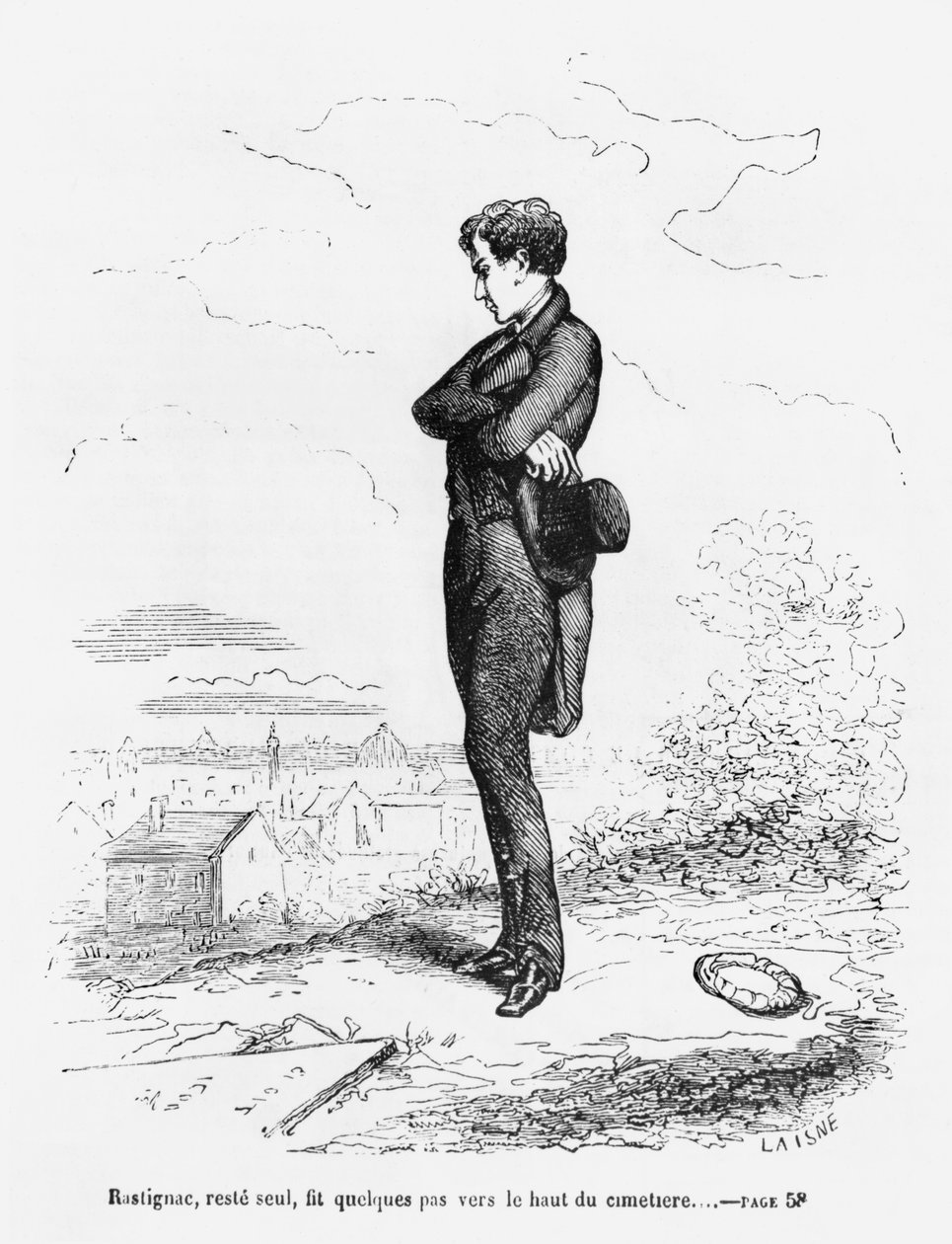 "Yksin jätettynä Rastignac käveli muutaman askeleen hautausmaan korkeimmalle osalle", kuva Honore de Balzacin (1799-1850) "Le Pere Goriotista" tekijältä Laisne