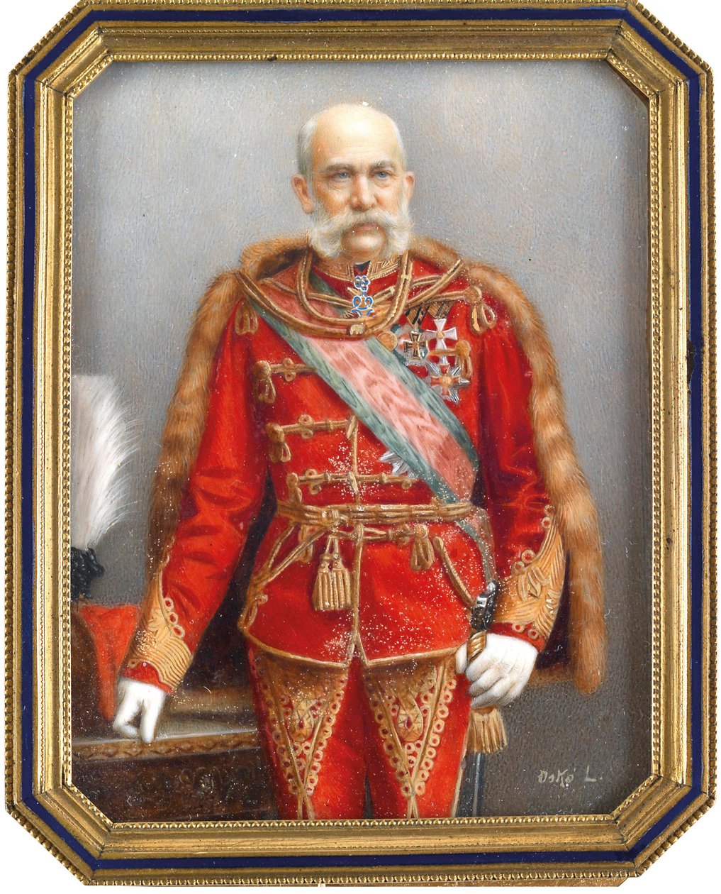 Itävallan Francois Joseph I:n (1830-1916) muotokuva unkarilaisessa univormussa. Lajos Oskon (1865-1922) työ, akvarelli ja guassi sarvessa. Unkarilainen taide, akateeminen taide. Yksityinen kokoelma. tekijältä Lajos Osko
