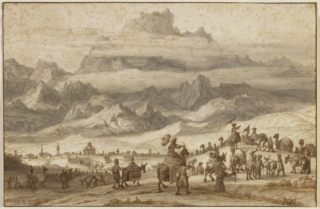 Nooan arkki Ararat-vuorella, etualalla kamelijuna Jerevanin kaupungin ulkopuolella, noin 1690 (kynä ja ruskea muste, ruskeaa, harmaata ja keltaista tussia, kerrostetulle paperille). tekijältä Lambert Doomer