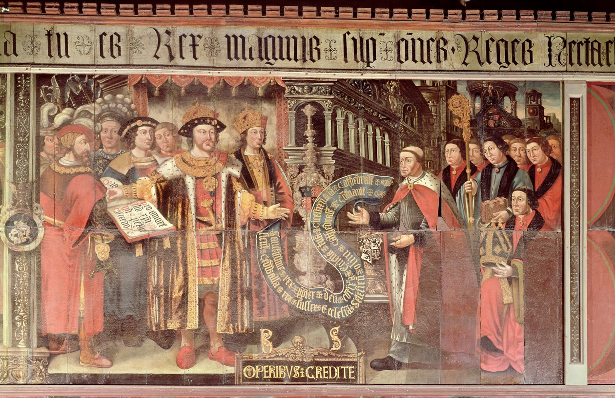 Piispa Robert Sherburne ja Henry VIII (1491-1547) n. 1508-36 (seinämaalaus) tekijältä Lambert Barnard