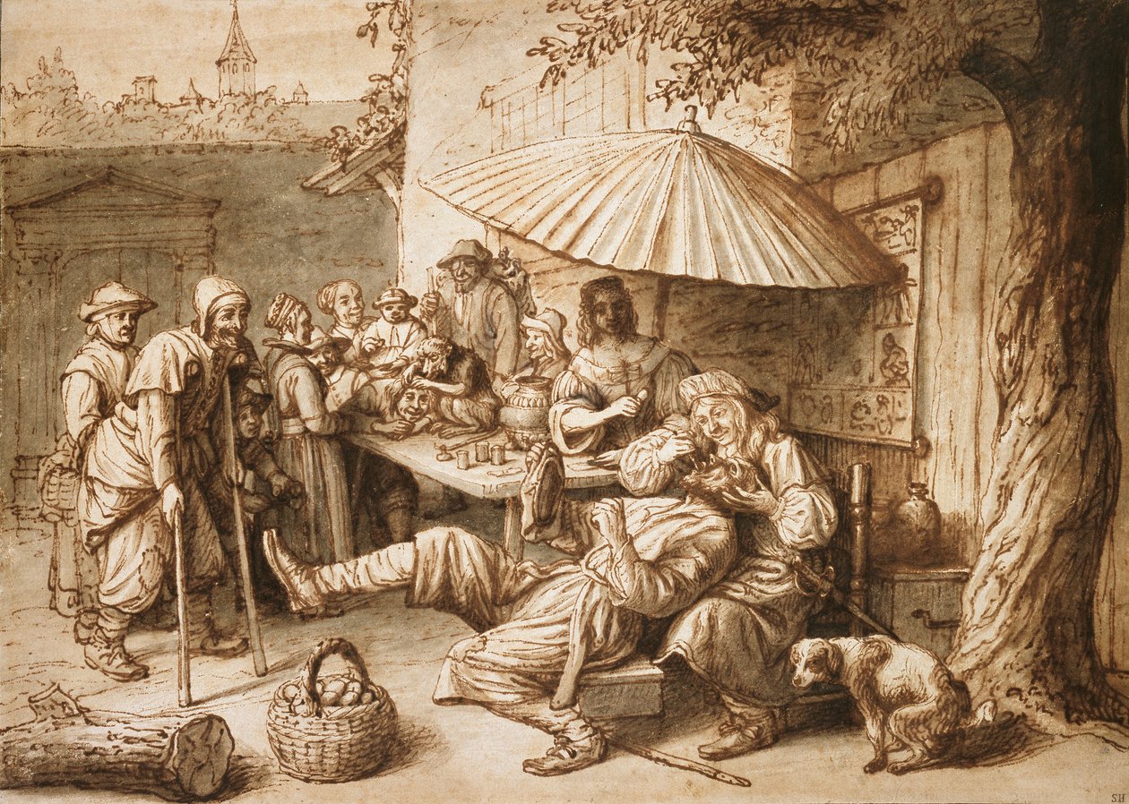 Huokohammaslääkäri poistamassa talonpojan hammasta, 1600-luvun loppu tekijältä Lambert Doomer