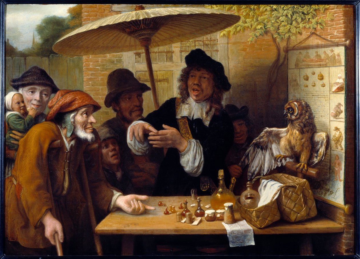 Charlataani. Traveller keskustelee huumeiden myymisestä julkisella aukiolla. Lambert Doomerin maalaus (1623-1700) tekijältä Lambert Doomer