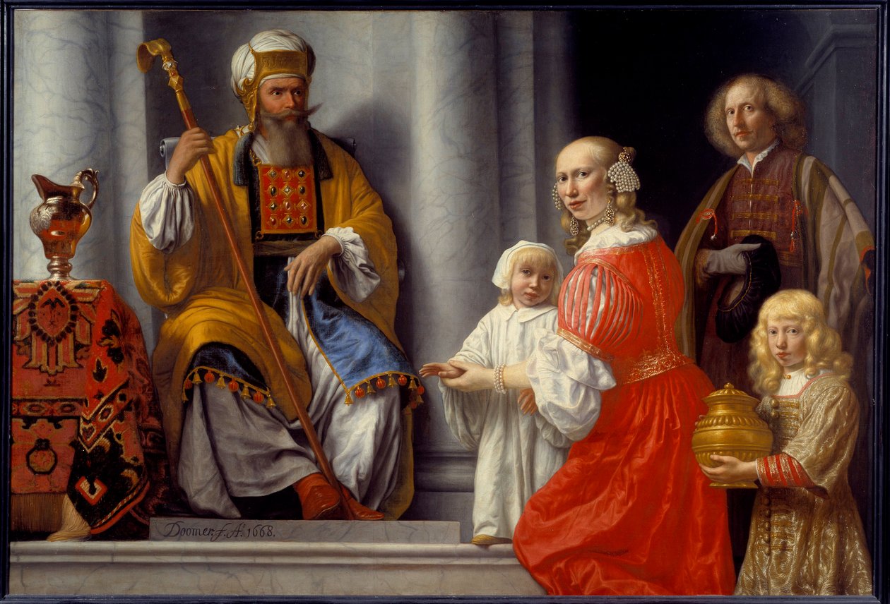 Profeetta Anne (Hannah) tuo poikansa Samuelin ylipappi Eli (Heli) luo kiittämään herraa hänen parantumisestaan hänen steriilistään. Lambert Doomerin (1624-1700) maalaus tekijältä Lambert Doomer