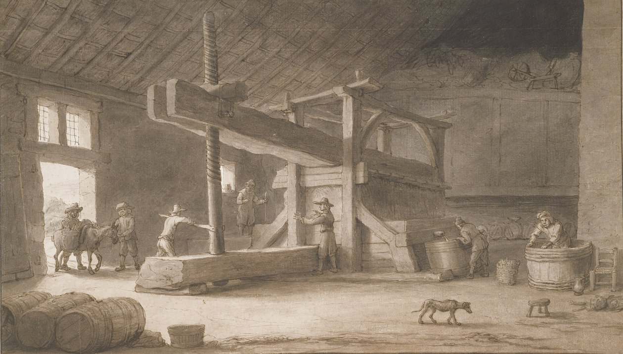 Monsieur Dittyn viinipuristin, Nantesin ulkopuolella, n. 1670 (kynä ja muste pesulla paperille) tekijältä Lambert Doomer