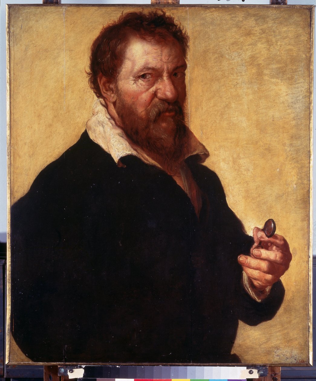 Omakuva (Oma muotokuva). Muotokuva taiteilijasta, joka pitää silmälaseja kädessään. Lambert Lombardin (1505-1566) maalaus tekijältä Lambert Lombard
