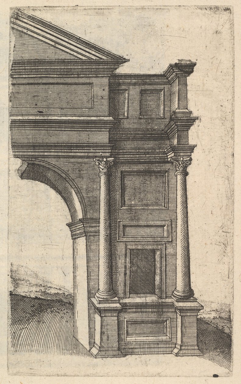 Puolet kaaresta [Porta Antonae] sarjasta Ruinarum variarum fabricarum delineatione..., 1554. tekijältä Lambert Suavius