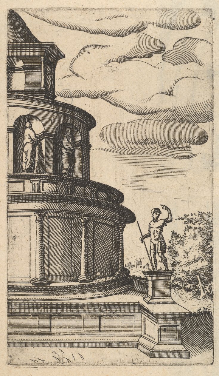 Osittainen kuva rakennuksesta [Sepulchrum Adriani] sarjasta Ruinarum variarum fabrica..., 1554. tekijältä Lambert Suavius