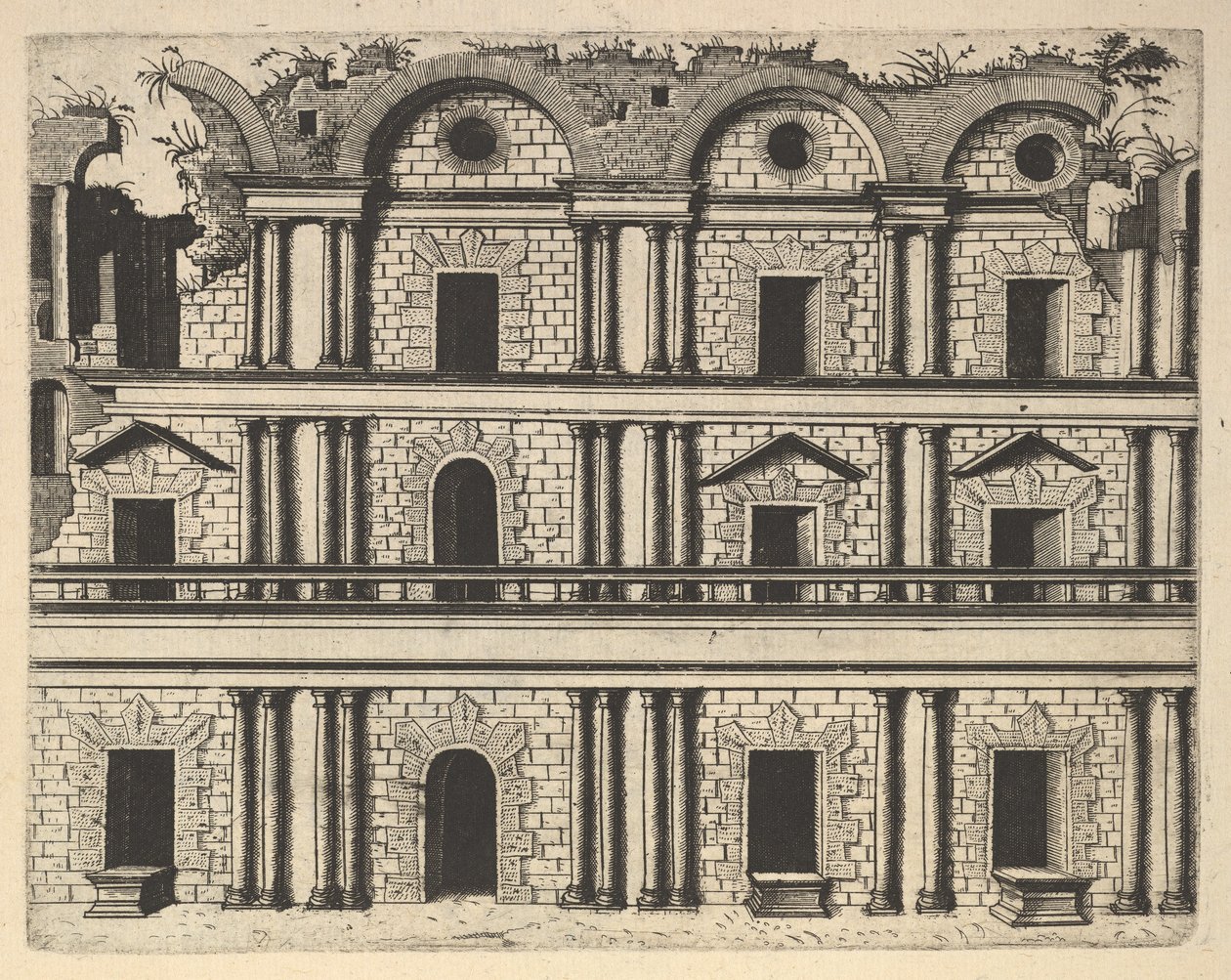 Palatsin julkisivun raunio [Palatium M. Agrippa] sarjasta Ruinarum variarum fabricaru..., 1554. tekijältä Lambert Suavius