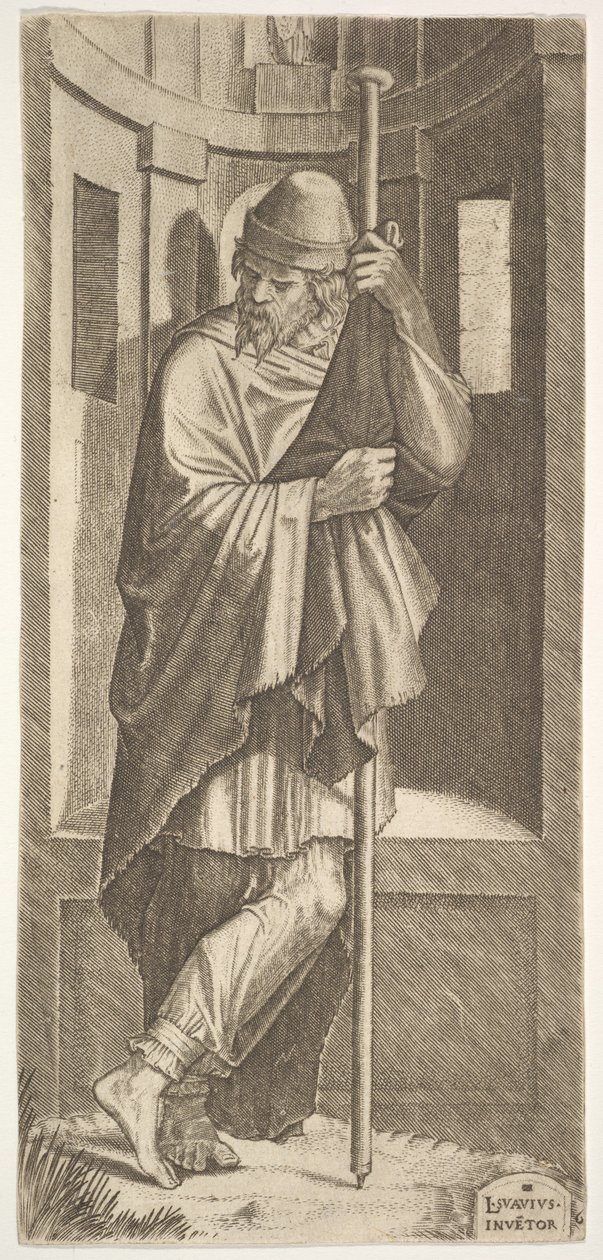 St. James Major nojasi pylvääseen ennen kapeaa, vasen jalka ristissä oikean yli, edestakaisin..., 1545. tekijältä Lambert Suavius