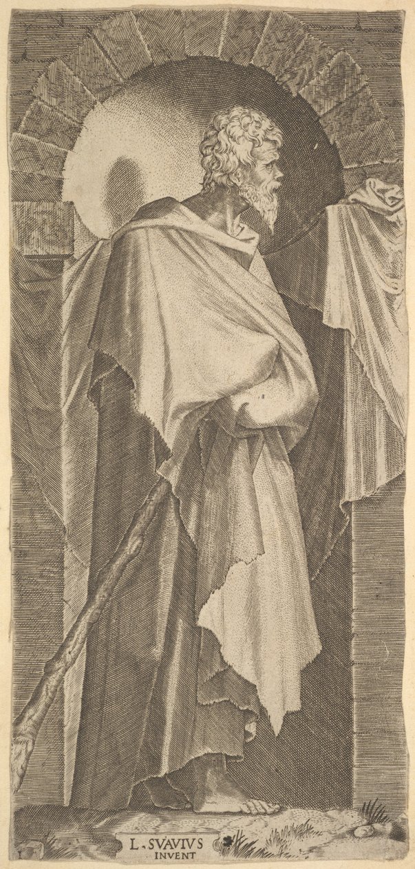 Sant Jaume Menor en nínxol arquejat, amb un bastó a les mans, que són c..., 1545. finlandès tekijältä Lambert Suavius