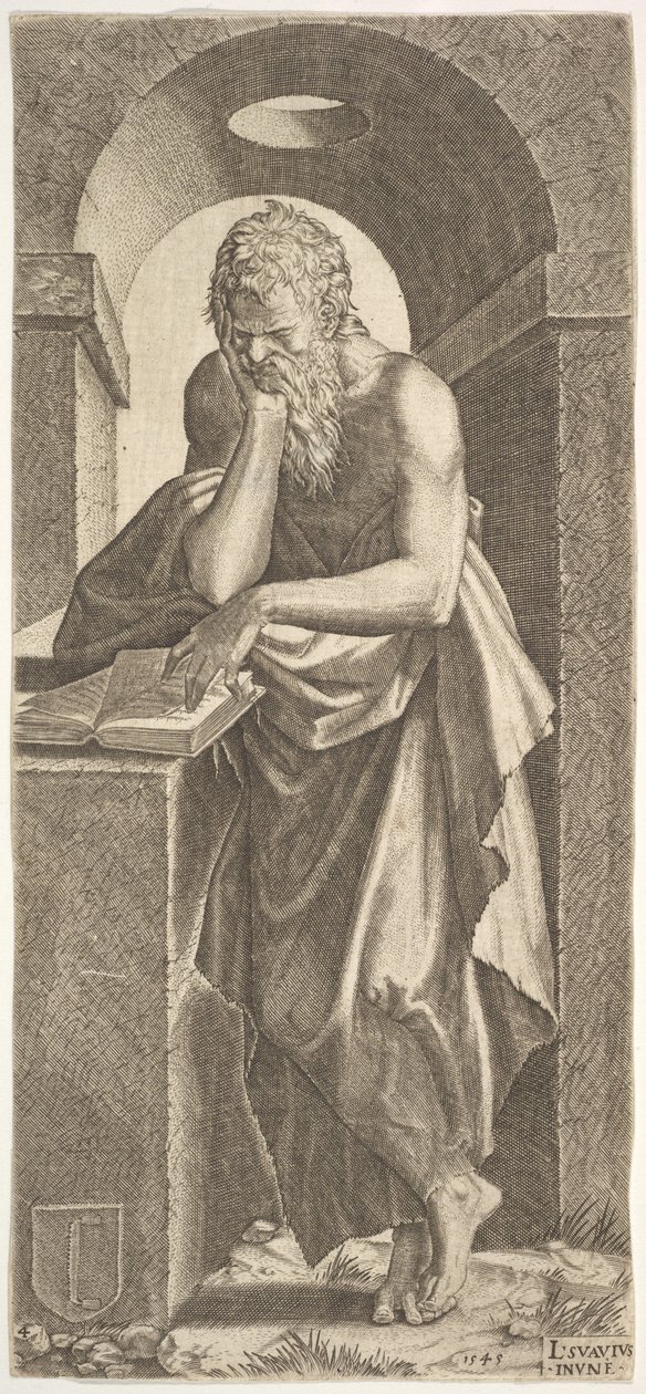 Pyhä Simon seisoo avoimen kirjan edessä vasemman kätensä sormet painettuina..., 1545. tekijältä Lambert Suavius