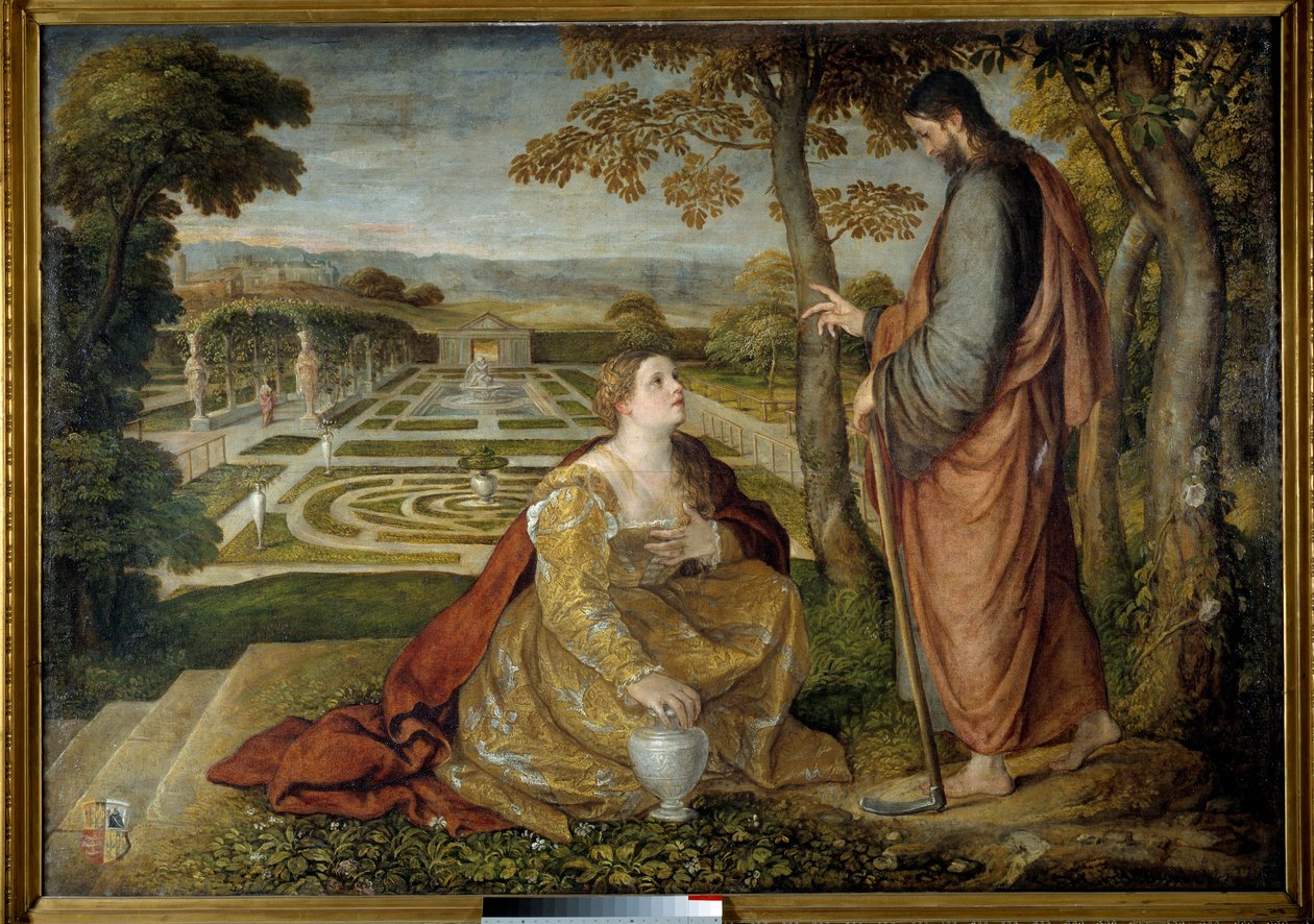 Noli Me Tangere Kristus ja Maria Magdaleena. Lambert Sustrisin (1515-1568) maalaus tekijältä Lambert Sustris