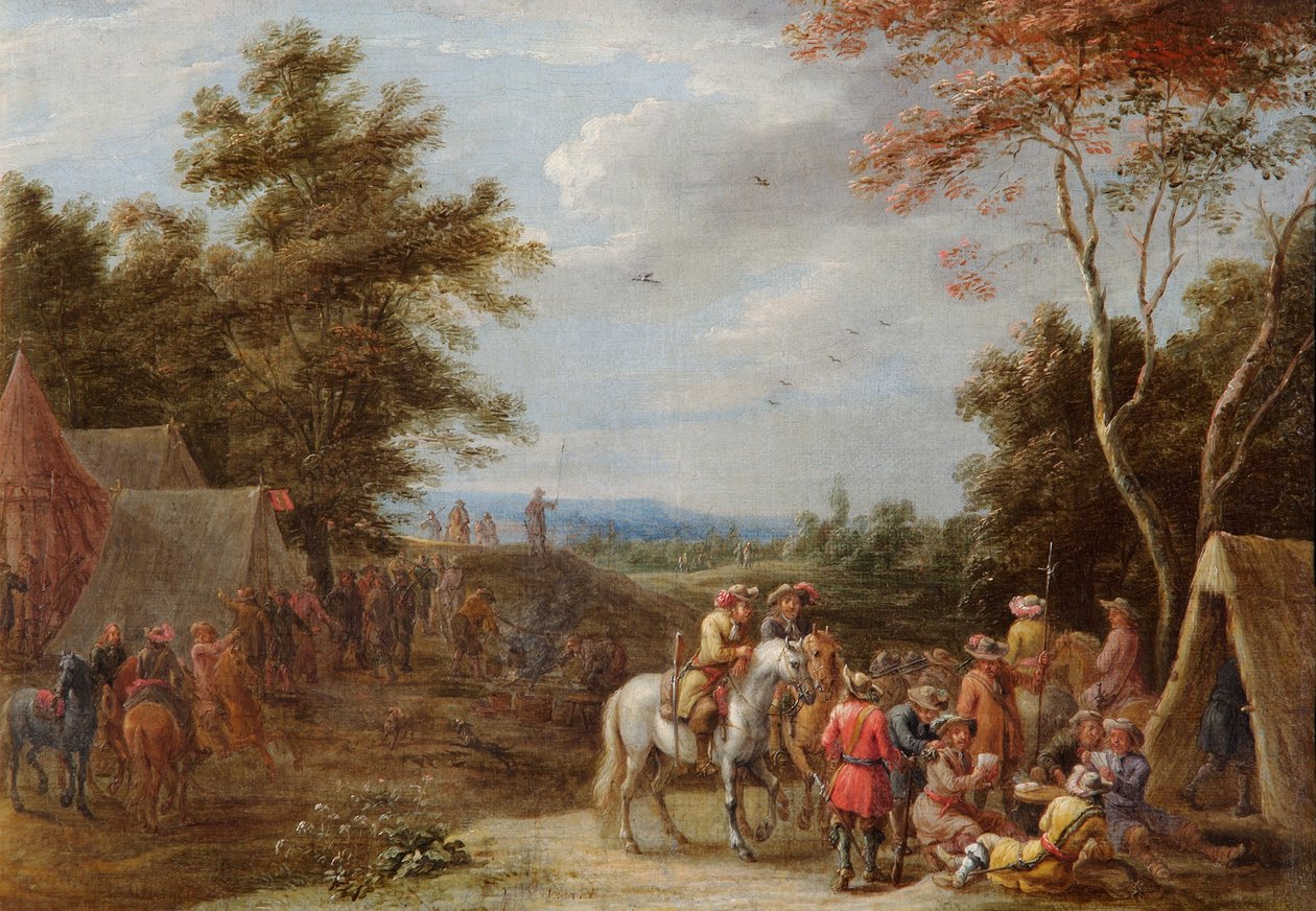 Leiri ja sotilaiden pelikortit, n. 1660 (öljy kankaalle) tekijältä Lambert de Hondt