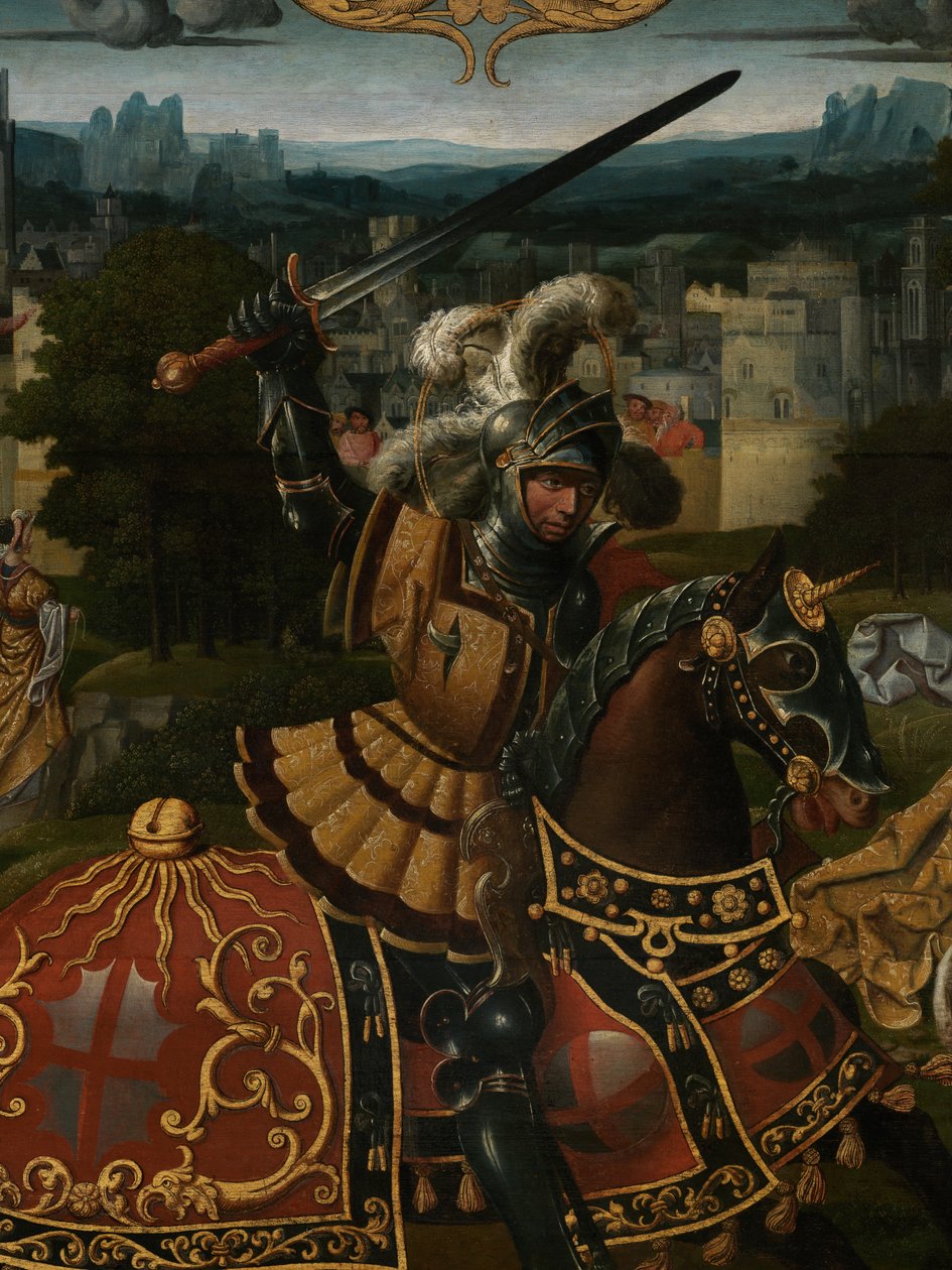 Detalhe da Lenda de São Jorge (óleo sobre painel)finlandês tekijältä Lancelot (school of) Blondeel