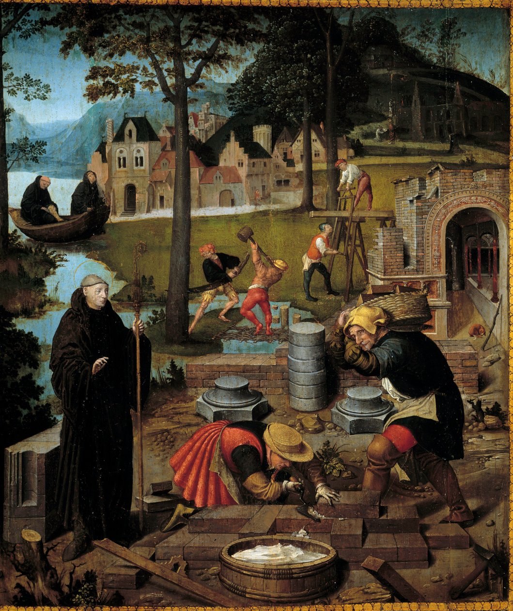 Legenda Saint Bertinistä: Abbe Saint Bertin of Sithiu (610-709) ohjaa Sithiun luostarin rakentamista Saint Omerissa. Yksityiskohta Lancelot Blondeelille (1495-1561) kuuluvasta paneelista Saint Bertinin aarteesta. Kuvataidemuseo, Dijon tekijältä Lancelot Blondeel