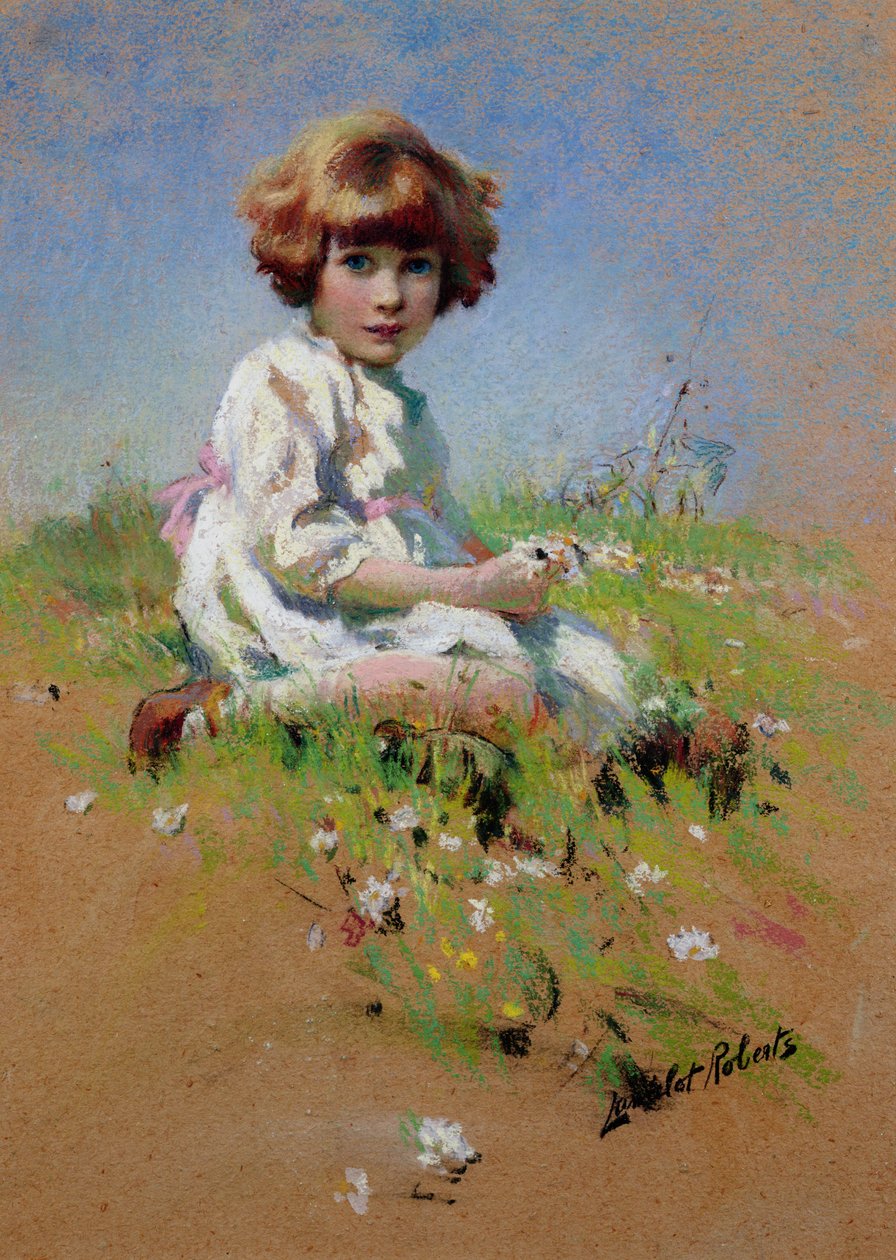 Marjorie - Tyttö poimii koiranputkea (pastelli paperille) tekijältä Lancelot Roberts