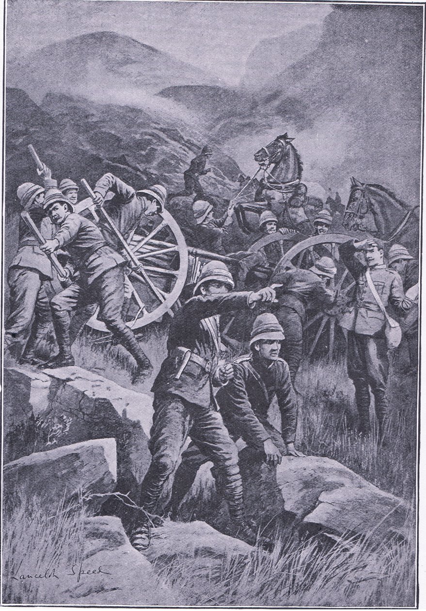 Kukkulan rinteellä kaatunut ase, teoksesta After Pretoria: The Guerilla War, jonka on julkaissut Harmsworth Bros Limited, 1901. tekijältä Lancelot Speed