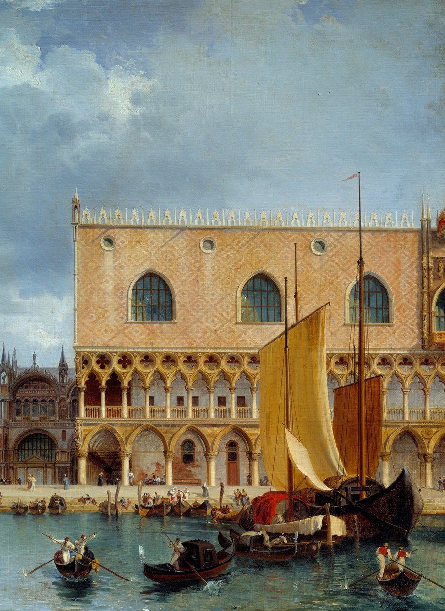 Merikauppa Dogen palatsin edessä. Yksityiskohta näkymästä osasta herttuan palatsia ja piazzettaa Venetsiassa. Theodore Turpin De Crissen (1782-1859) maalaus tekijältä Lancelot Théodore Turpin de Crissé de Crissé