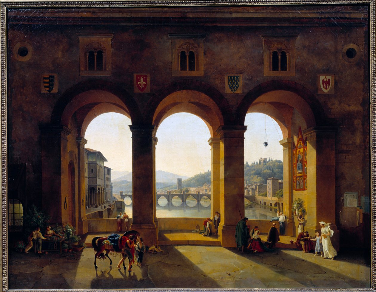 Näkymä Firenzen Ponte Vecchiolle. Theodore Turpin De Crissen (1782-1859) maalaus tekijältä Lancelot Théodore Turpin de Crissé de Crissé