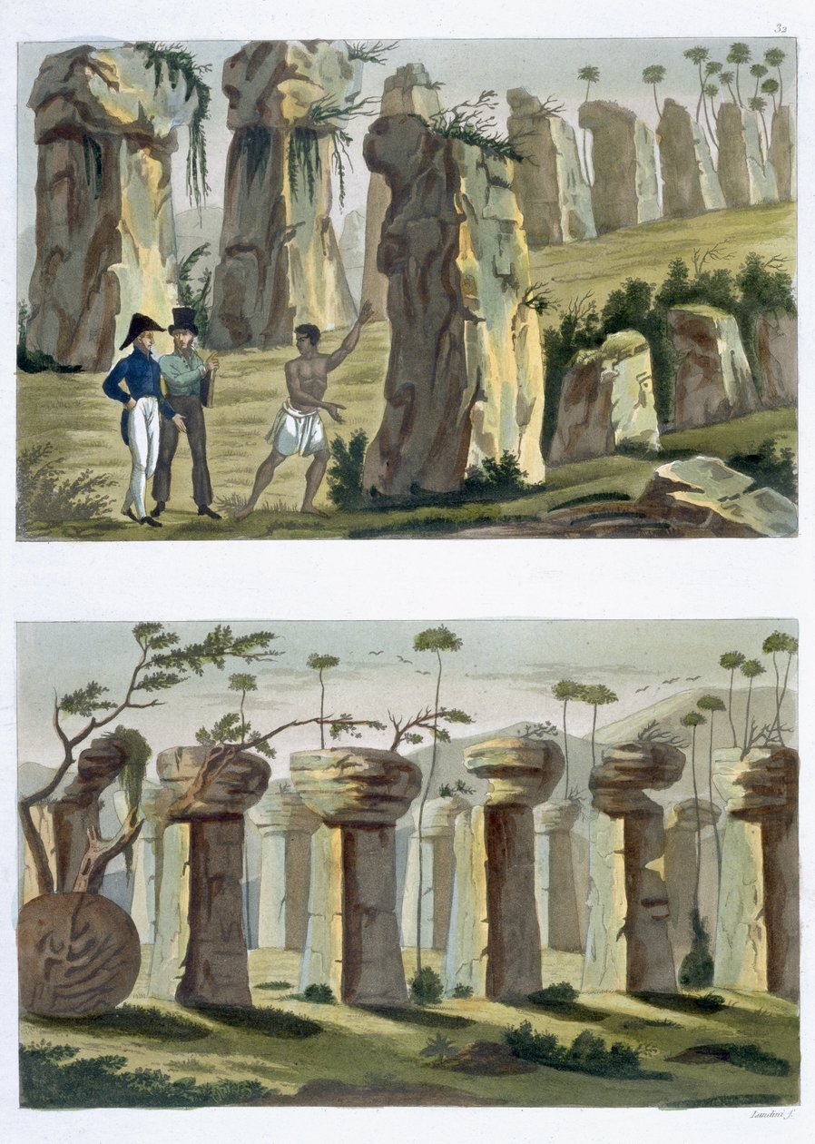 "Muinaisten talo", Tinianin saari, kuva 32a ja b, Jules Ferrarion teoksesta "Le Costume Ancien et Moderne", julkaistu noin 1820-30-luvuilla (ks. myös 206894). tekijältä Landini