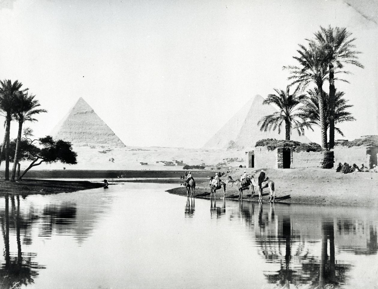 Khufun ja Khafren pyramidit Niilin tulvista, n. 1880 tekijältä Langaki