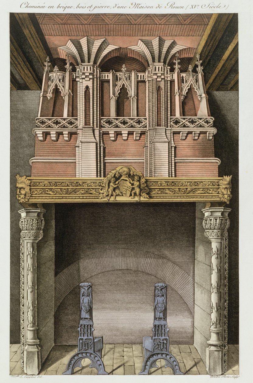 Savupiippu 1400-luvun talosta Rouenissa, Monuments Francaisista, litografia Amedee Peree, 1839 tekijältä Langlois E.