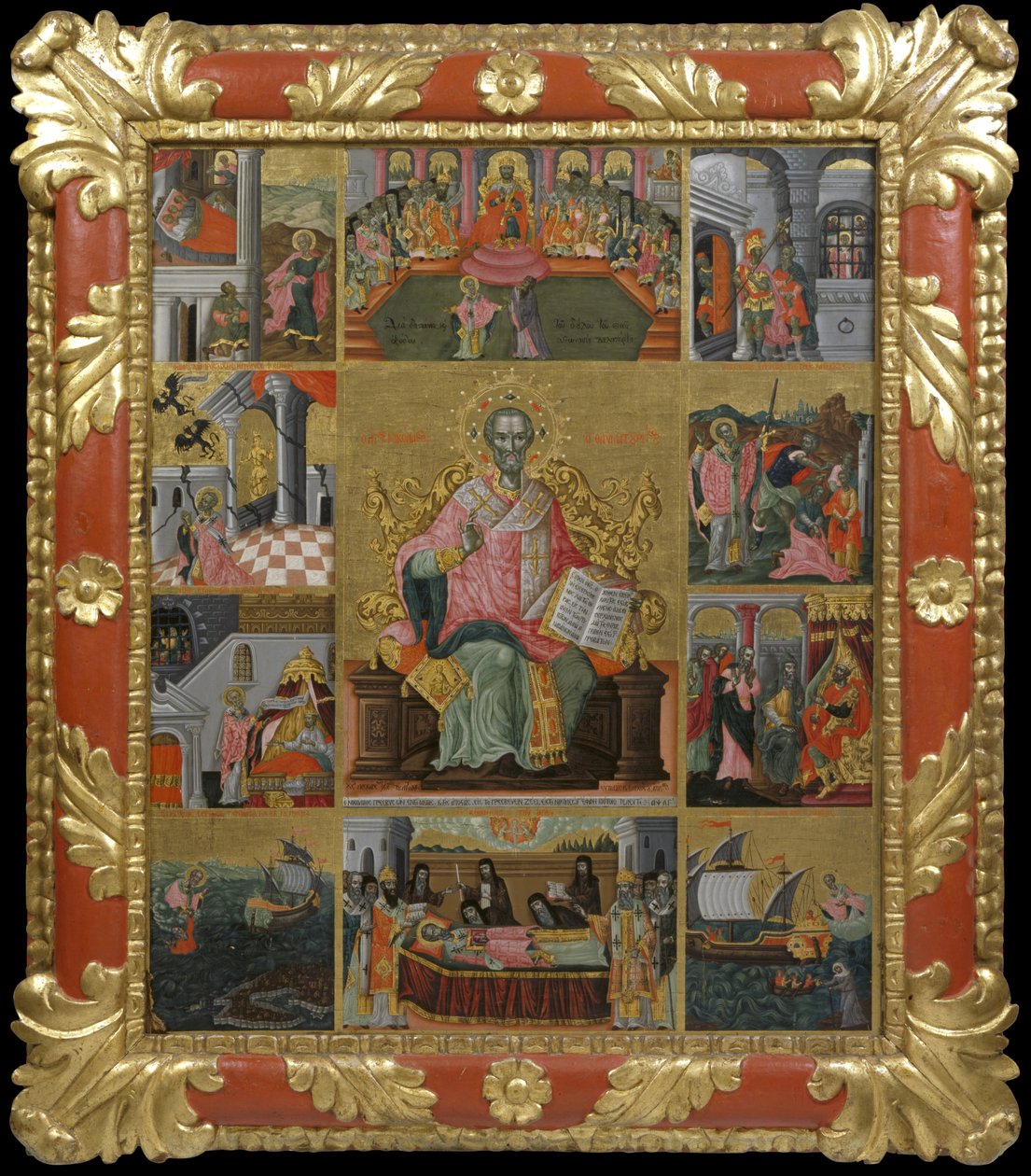 Pyhän Nikolauksen ikoni kohtauksineen hänen elämästään ja ihmeistä, 1733 (munan tempera ja kultalehti taulussa) tekijältä Laskaris Leichoudis