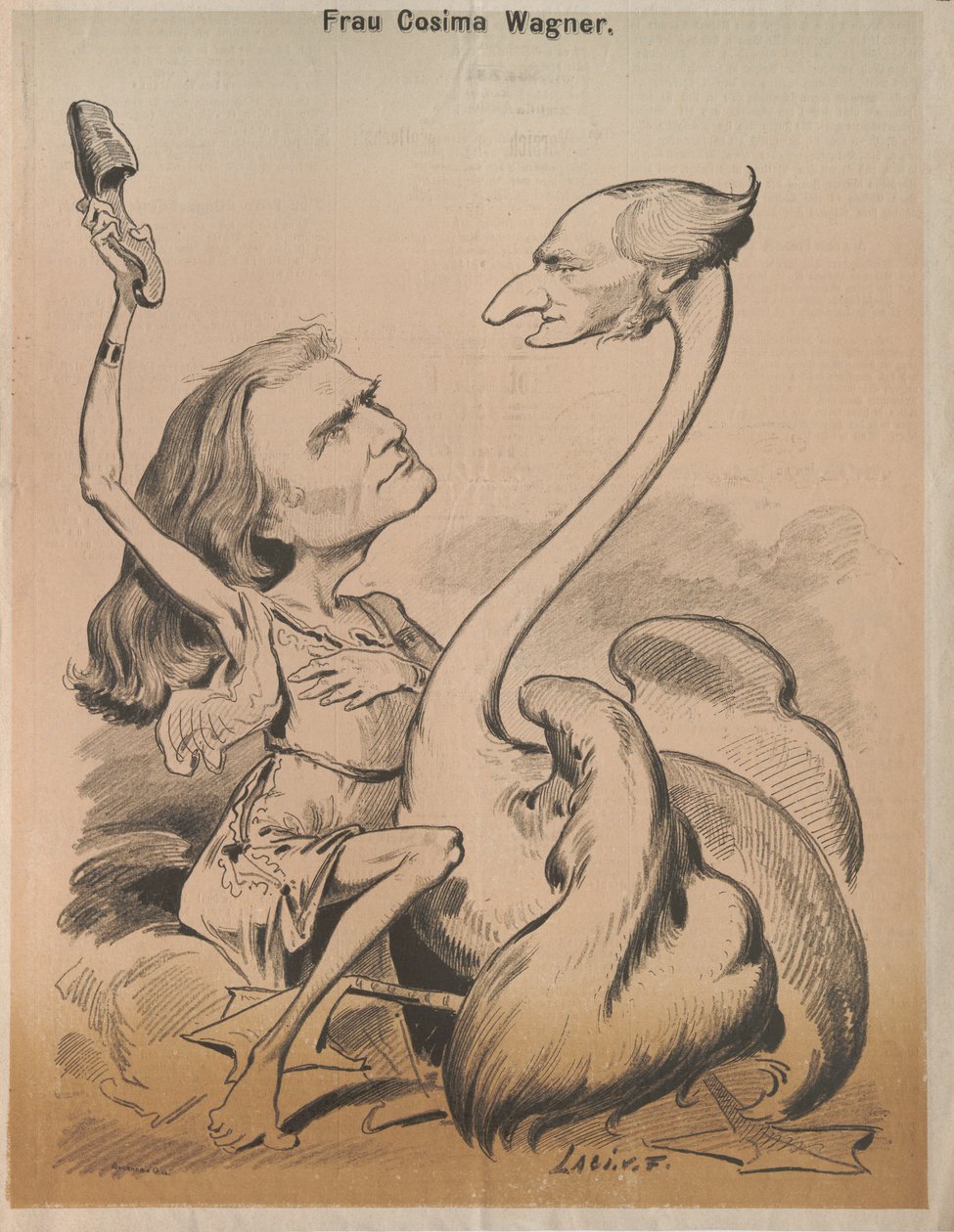 Richard Wagner Joutsenena ja Cosima Wagner Die Bomben Leda-kansikuvassa, 1875. tekijältä Laszlo Frecskay