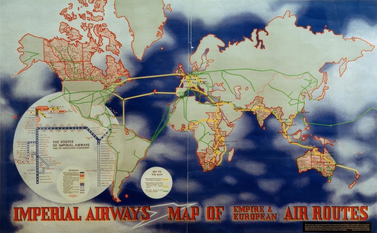 Imperial Airways -kartta Imperiumista ja Euroopan lentoreiteistä tekijältä Laszlo Moholy Nagy