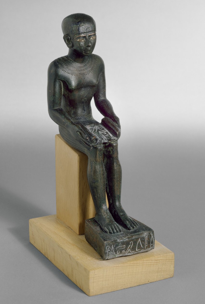 Imhotepin jumalan patsas, kuparilla ja kullalla upotetut silmät (pronssi) tekijältä Late Period Egyptian