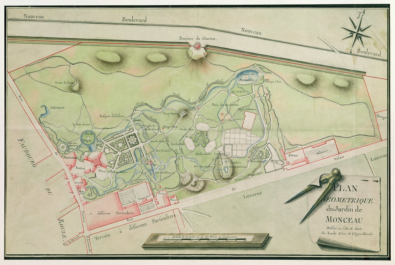 Parc Monceaun suunnitelma, 1803 (kynä, muste ja wc paperilla) tekijältä Lauly
