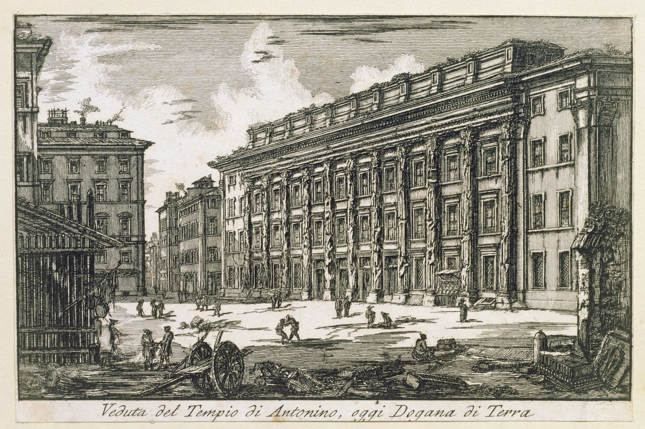 Antoninuksen temppeli Roomassa, noin 1780 tekijältä Laura Piranesi