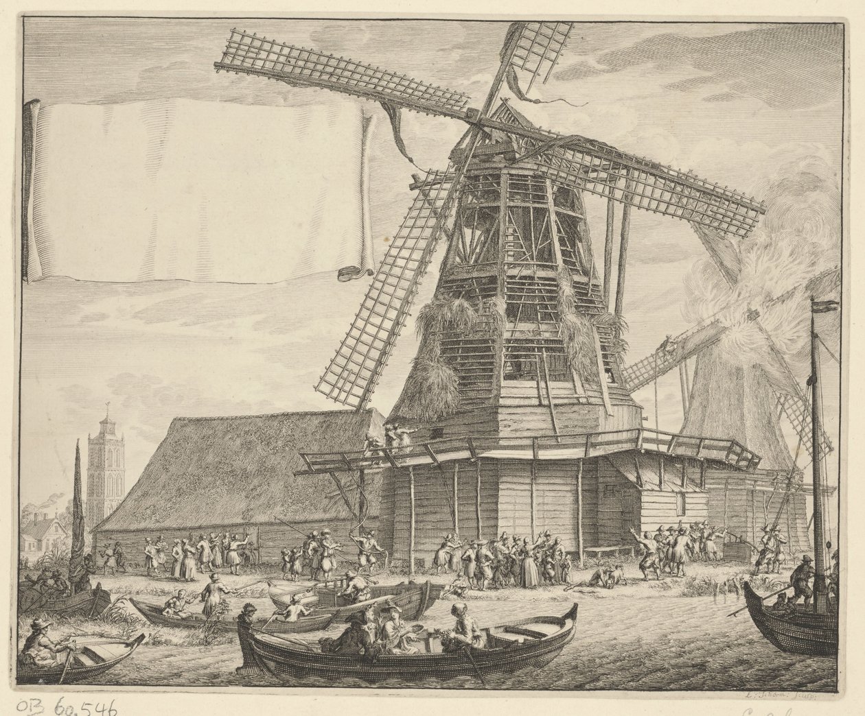 Tulipalo De Zeugin öljymyllyssä lähellä Wormeria, 1699 tekijältä Laurens Scherm