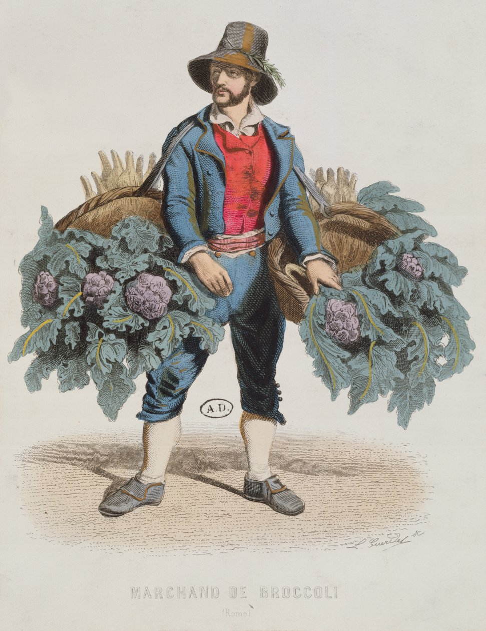 Parsakaalimyyjä Roomassa, 1800-luvun puoliväli (värikaiverrus) tekijältä Laurent Francois Guerdet