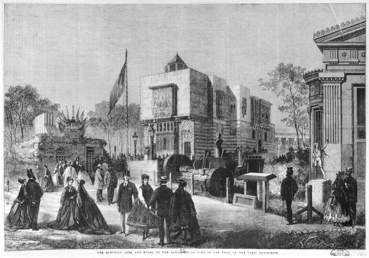 Egyptiläinen arkkitehtuuri ja malli Rooman katakombeista Champ-de-Marsin yleisnäyttelyssä Pariisissa, 1867 tekijältä Laurent Victor Rose