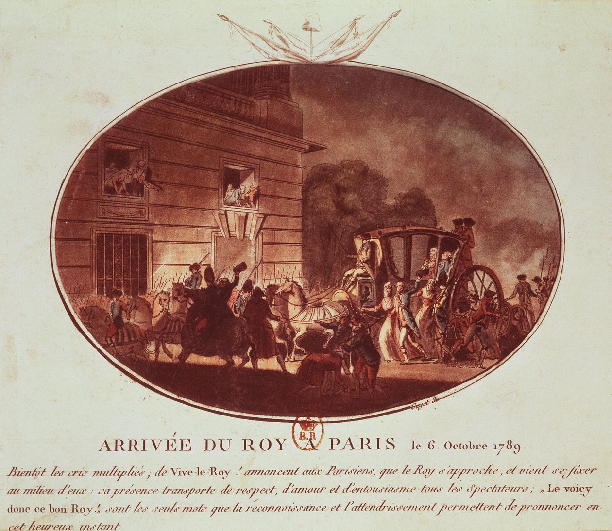 Kuninkaan saapuminen Pariisiin 6. lokakuuta 1789 (akvatinta) tekijältä Laurent Guyot
