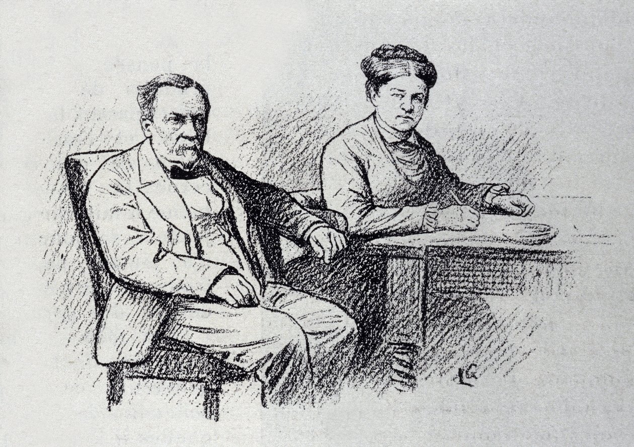 Muotokuva Louis Pasteurista (1822-1895), ranskalaisesta kemististä ja fyysikistä, joka sanelee suhteen vaimonsa Marie Laurentin kanssa. Luonnos Lucien Laurent-Gsell (Laurent Gsell) (1860-1944). DR tekijältä Laurent Lucien Gsell