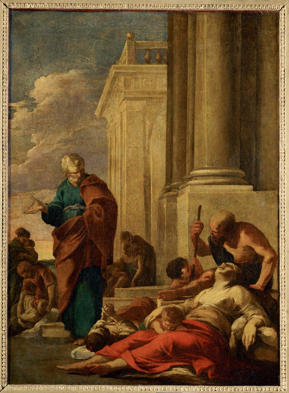 Saint Pierre guerissant les malades avec son ombre - Pyhä Pietari parantaa sairaita varjollaan ... tekijältä Laurent de (workshop of) La Hyre