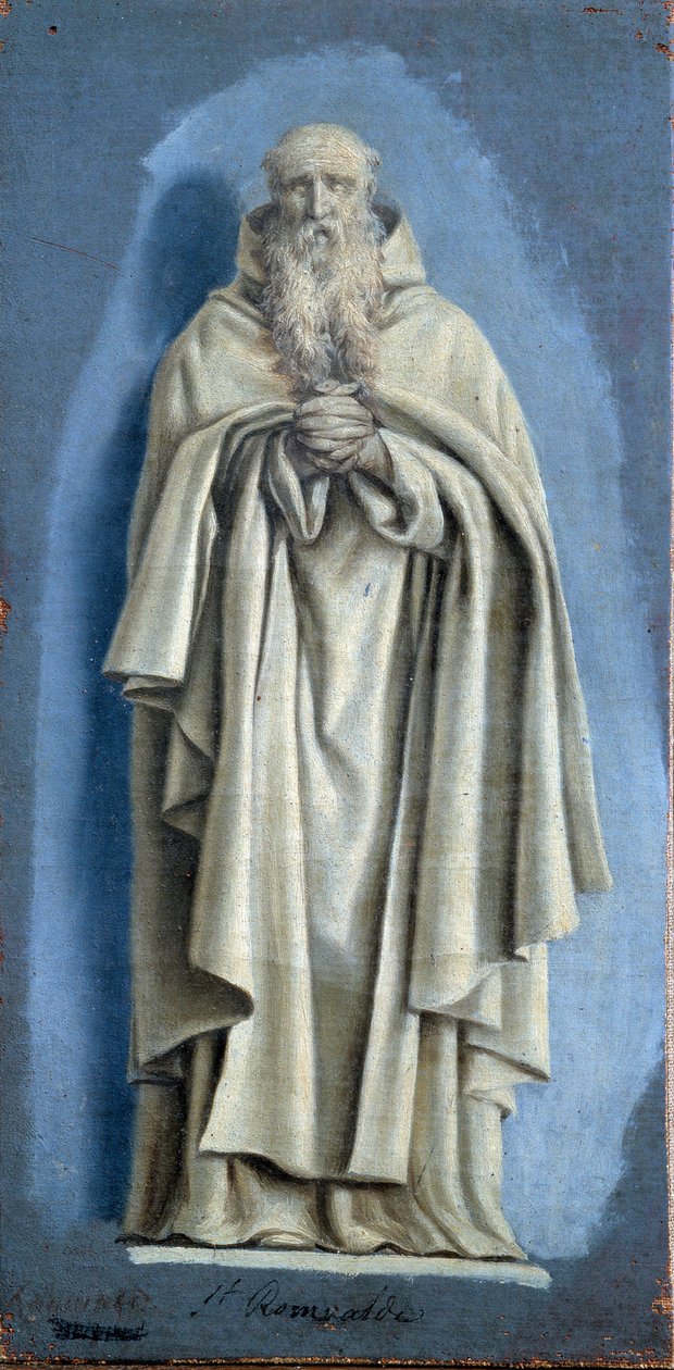 Pyhä Romuald rukoilemassa Laurent de La Hyren (1606-1656) maalaus camaieu-kankaalle 1600-luvun su. 0,36 x 0,18 m Pariisi. Louvren taidemuseo tekijältä Laurent de la Hyre