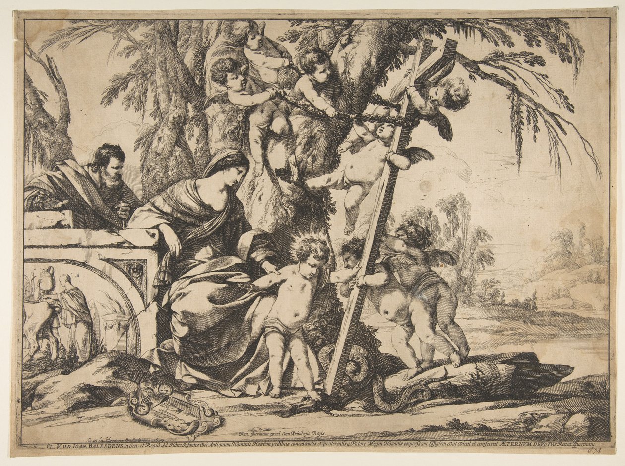 Pyhä perhe ja Kristus-lapsi astumassa käärmeen selkään, 1639. tekijältä Laurent de la Hyre
