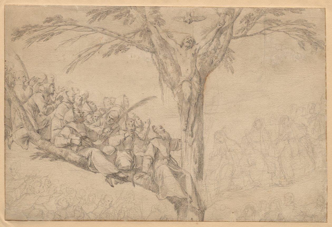 Ristiinnaulittu Kristus elämän puuna munkkien ja nunnien kanssa, n. 1639. tekijältä Laurent de la Hyre