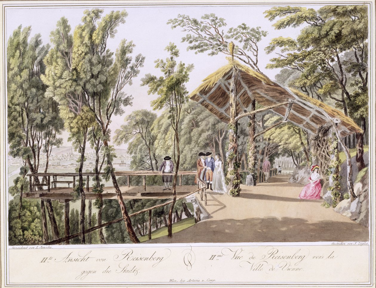 Näkymä Reisenbergin puutarhasta lähellä Wienin kaupunkia, kaiverrettu Johann Ziegler (n. 1750-n. 1812) tekijältä Laurenz Janscha