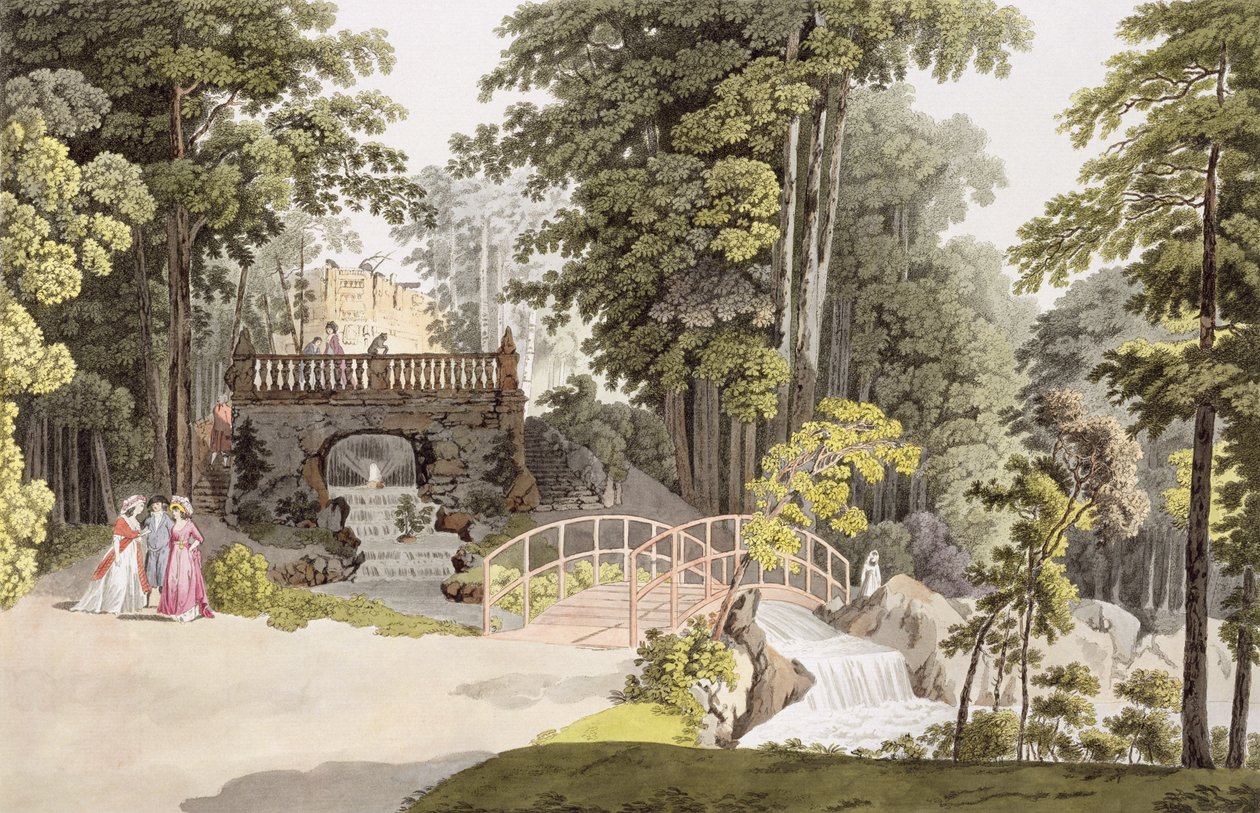 Näkymä kaskadista Erlawissa, Wienissä, "Pleasure Gardens in Wienissä ja sen ympäristössä", kaivertanut Johann Ziegler (n. 1750 - n. 1812), n. 1790 tekijältä Laurenz Janscha