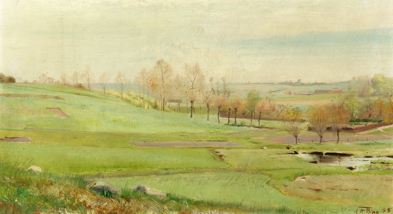 Foaarslandskab med lysegrønne Marker; et Vandhul til h. Mogenstrup tekijältä Laurits Andersen Ring