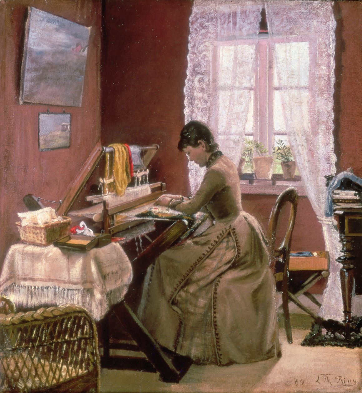Johanne Wilde, taiteilijan vaimo, kangaspuussaan tekijältä Laurits Andersen Ring