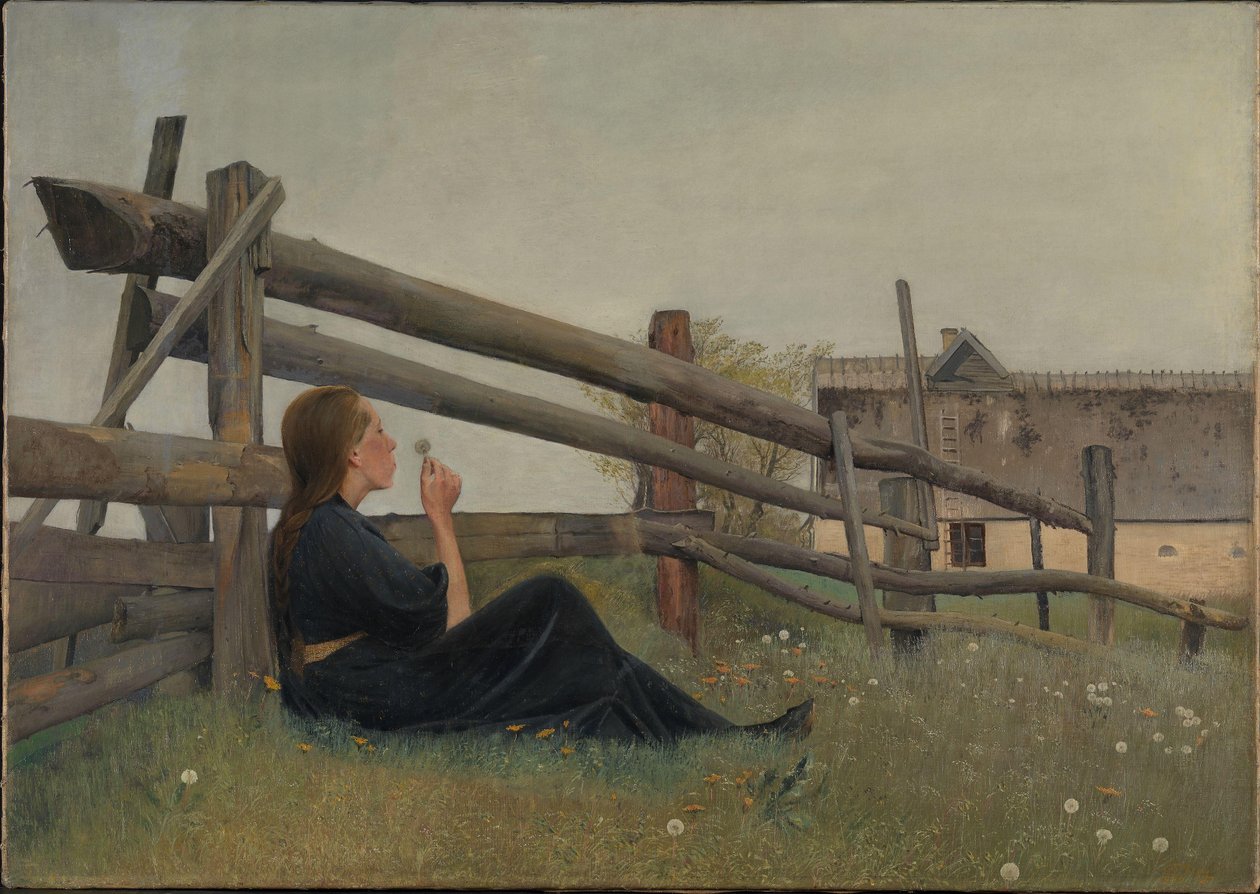 kesäkuuta. Tyttö puhaltaa voikukan siemeniä, 1899 tekijältä Laurits Andersen Ring